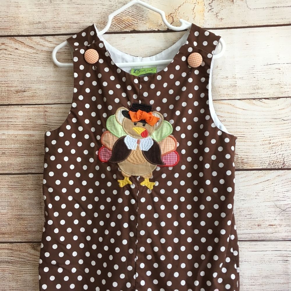 STELLYBELLY‎ BROWN AND WHITE POLKA DOT ROMPER WITH APPLIQUED TURKEY - Picture 4 of 6